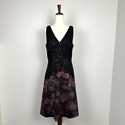 #ad Adrianna Papell Black Lace Floral Fit amp; Flare Knee Length V Zipper Dress Size 6