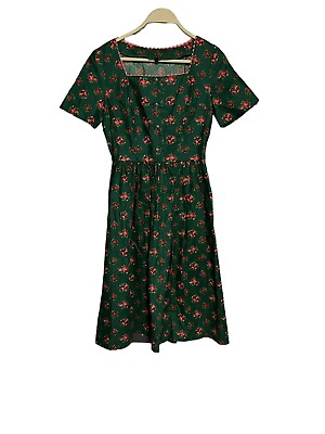 #ad Vintage Womens Green Pink Floral Short Sleeve Austrian German Folk Dress