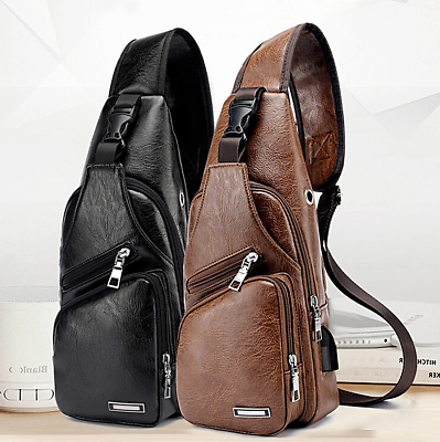 Men Leather Sling Bag Chest Shoulder Crossbody Backpack USB Charging Port Travel $6.99