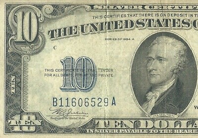 #ad 1934A TEN DOLLAR BILL NOTE B11606529A. VINTAGE IN GREAT CONDITION.