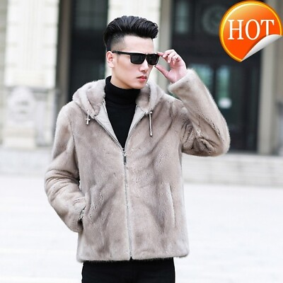 #ad Men Fur Coat Natural Mink Fur Hooded Coat Jacket Shearling Outwear Plus Size