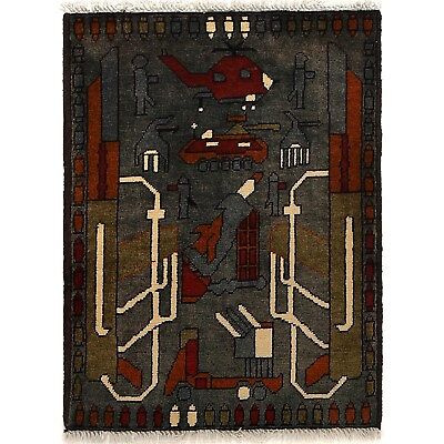 #ad Traditional Handmade Helicopter M416 War Design Small Grey Rug 2#x27;x2#x27;7 ft. G24152