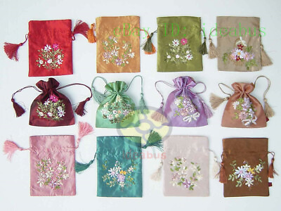 6 12 24 48PCS MIXED hand embroidered Satin Drawstring Wristlet Purses Coin bags $88.98
