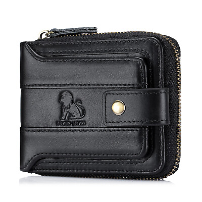 #ad Men#x27;s Genuine Leather Wallet Zipper Around RFID Blocking Wallet Bifold Vintage