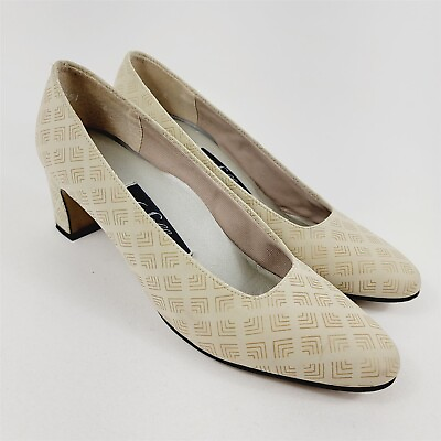 #ad Selby Vintage Block Heel Shoes Cream Geometric Womens Size 5.5