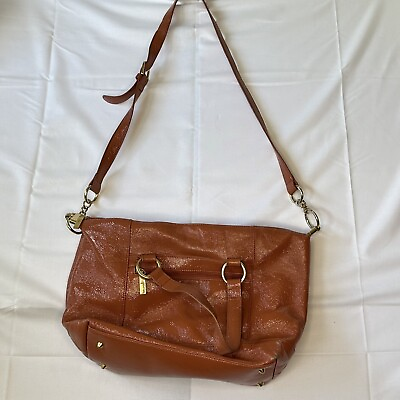 #ad HOBO International Chocolate Brown Leather Handbag with Gold Accents and Pockets
