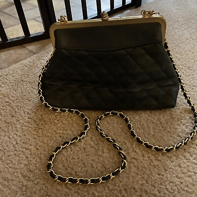 Vintage Tandem Bag Crossbody Purse Chain Strap Black Gold Retro