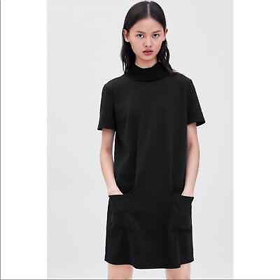 #ad Zara Black Short Sleeve Knit Mock Neck Shift Dress With Front Pockets