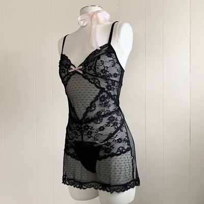 #ad Victorias Secret Black Lace Sheer Slip Dress Lingerie Size Small