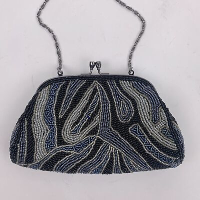 #ad Vintage Mariell Beaded Evening Cocktail Clutch mini bag purse Pouch Blue Silver
