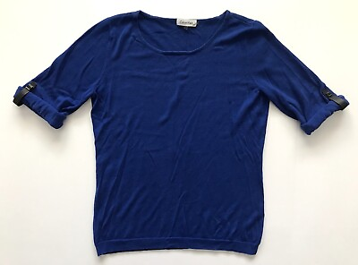 #ad CALVIN KLEIN Woman’s Medium Blue Roll Tab Long Sleeve Blouse Shirt Rayon Silk