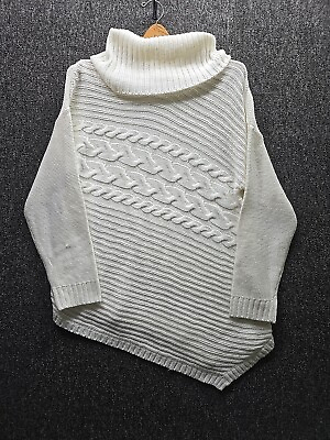 #ad Indigo Womens Sweater XL White Cowl Neck Oversize Boho Cable Knit Asymmetric