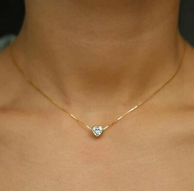#ad 14k Yellow Gold Plated 2Ct Heart Moissanite Solitaire Pendant Necklace