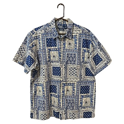 #ad Polo Ralph Lauren Mens Clayton Linen Shirt Size L Blue White Patchwork Print
