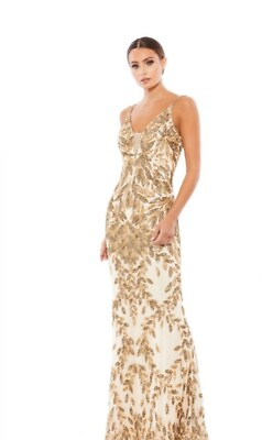 #ad Mac Duggal 5107 Gold Beaded Embellished Leaf Evening Gown 14 NWT