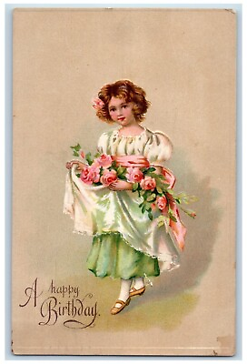 #ad 1910 Happy Birthday Pretty Girl Dress Flowers Embossed West Hoboken NJ Postcard