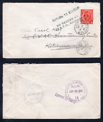 #ad Canada Military #3 BTC Kitchener 1944 Cover Returned DLO Toronto Auxiliary Marks