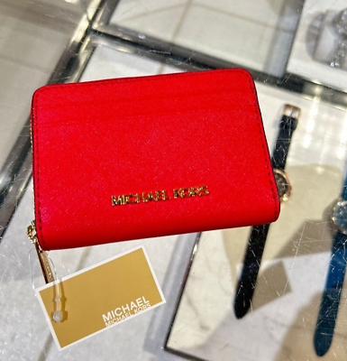 #ad Michael Kors Women Medium Zip Around Card Case Coin Pouch Wallet Bright Red