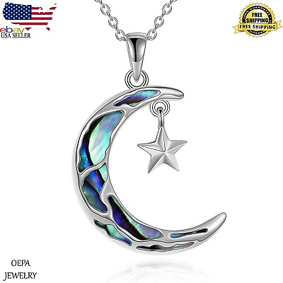 #ad 925 Sterling Silver Moon and Star Pendant Necklace Crescent Jewelry for Women