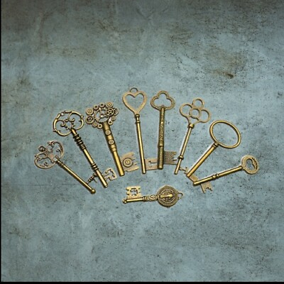 #ad 9pcs set Vintage Antique Bronze Skeleton Keys Cabinet Barrel Old Lock For Diy