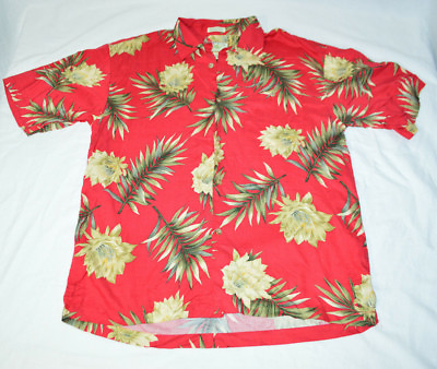 #ad Hibiscus Hawaii Red Tropical Foliage Hawaiian Aloha Shirt 100% Rayon Mens L