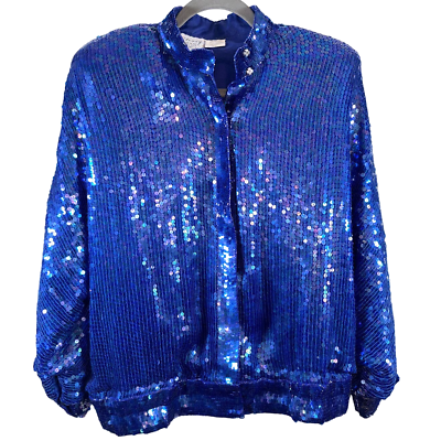 #ad 80#x27;s Vintage Stenay Sequin Silk Jacket Blazer Women SZ L Cobalt Blue Long Sleeve