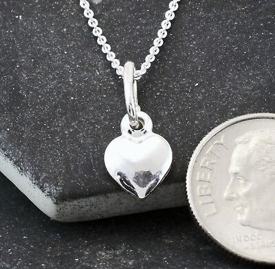 #ad Silver Heart Charm Necklace 925 Sterling Tiny Heart Charm Pendant w Cable Chain