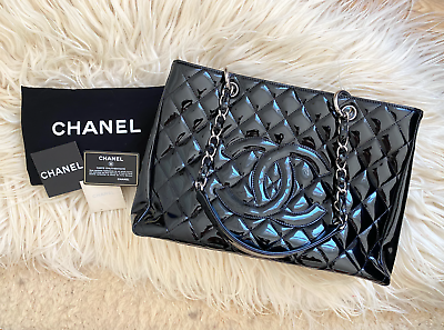 #ad Chanel Black Patent Leather Grand Shopping Tote GST Classic Quilted CC Bag