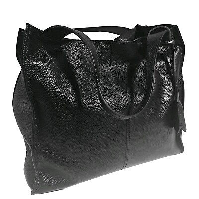 #ad SIMONS Italy Black Pebble Leather Large Tote Bag