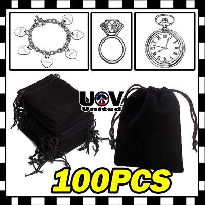 #ad 100 Black Velvet Drawstring Velour Pouch Jewelry Baggie Ring Gift Bag Pouch Set