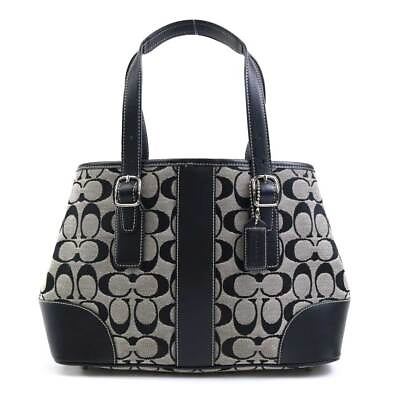 #ad Auth COACH Signature Handbag Black Canvas Leather 55617f
