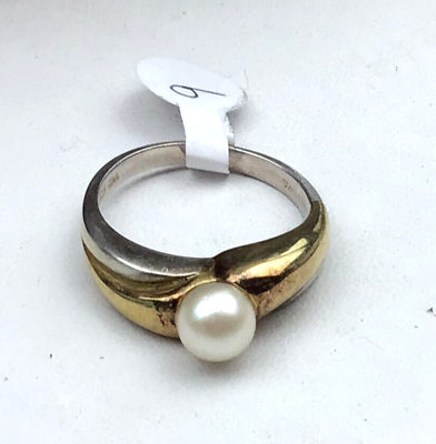 #ad Vintage Sterling Ring 925 Silver Cultured Pearl Gold Overlay Thailand Band SZ 9
