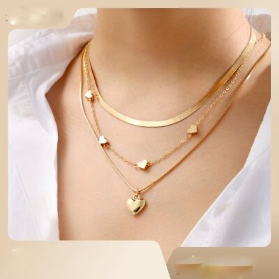 #ad Fashion Stainless Steel Multilayer Heart Pendant Necklace Collar Chain Women New