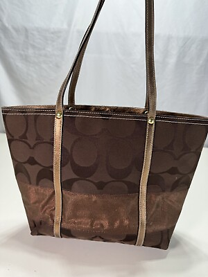 #ad COACH Signature Shoulder Tote Bag Canvas Leather Brown Metallic Stripe C