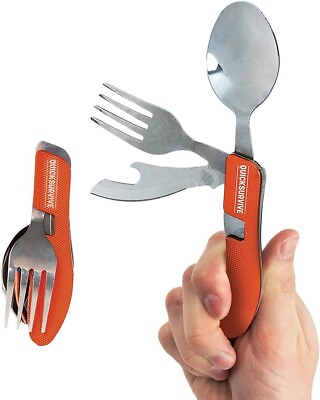 Quick Survive Hobo Camping Pocket Knife Spoon Fork Cap Lifter Splits in 2 New