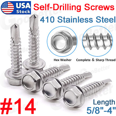 #ad #14 Hex Washer Head Self Drilling Sheet Metal Tek Screws 410 Stainless Steel UNC