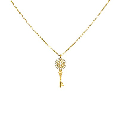 #ad 14k Gold CZ Micro Key with Mini Hearts Yellow Gold Necklace 18”