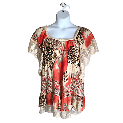 #ad Bila Women#x27;s Boho Blouse Plus 1X Paisley Leopard Short Sleeve Tunic Lace Trim
