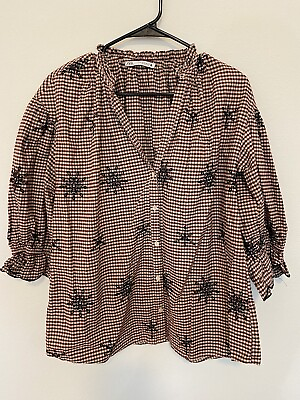 #ad WOMENS ZARA SIZE S GINGHAM CHECK SMOCK TOP BLOUSE BUTTON UP FRILL TRIM