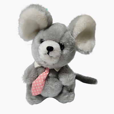 #ad Vintage Dakin Mouse Pink Polka Dot Tie 9 Inch Gray Plush Stuffed Animal Toy