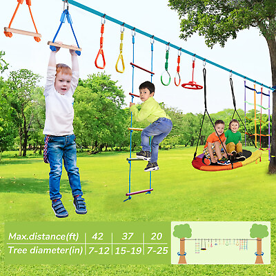 #ad 50ft Ninja Warrior Obstacle Course for Kids Slackline Monkey Bars w Tree Swing