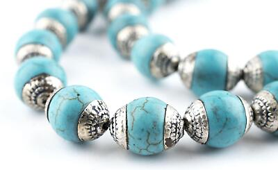 #ad Turquoise Nepali Silver Capped Beads 10mm 21 Inch Strand