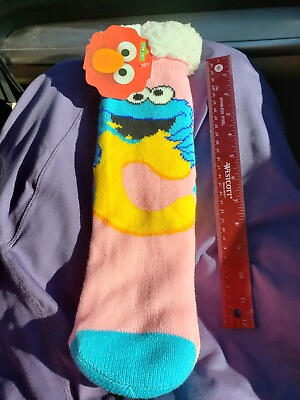 #ad New 15quot; Adult Cookie Monster Pink Socks Eating C Sesame Street Tread Bottom