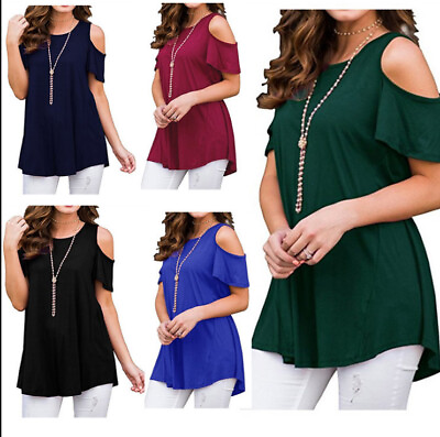 #ad Summer Womens Cold Shoulder Solid Tops Blouse Short Sleeve Casual T Shirt Tees
