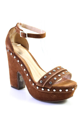 #ad Schutz Womens Salto Alto Studded Platform Block Heel Sandals Brown Suede Size 9