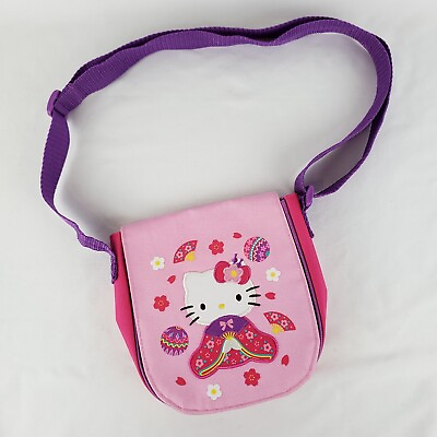 Hello Kitty Girls Crossbody Purse Bag Kimono Fan Flowers Pink Sanrio 2014 $24.99