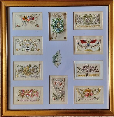 #ad World War I 10 SWEETHEART CARDS Framed Beautiful Embroidery