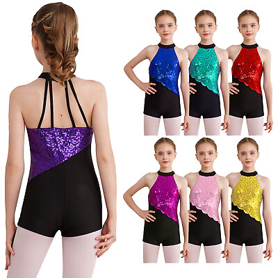 #ad US Ballet Leotards Girl Shiny Sequin Sleeveless Halter Neck Short Jumpsuit Dance