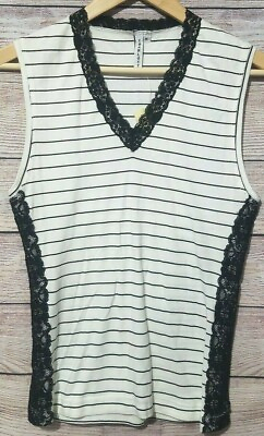 #ad Charlotte Anthropologie Women#x27;s Tank Top Size Medium Black White Lace Stripes