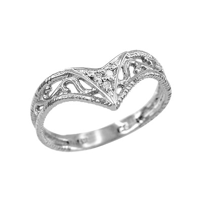 #ad Handcrafted Fine Women#x27;s 10k White Gold Cutout Filigree Chevron Diamond Ring
